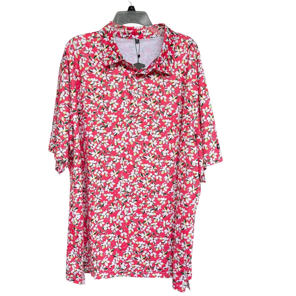 BRISIRA Polo Shirt Mens 3XL Pink Floral Print Golf Performance Stretch